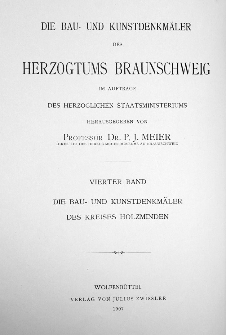Erste Titelseite des Buches „Die Bau- und Kunst­denk­mäler des Kreises Holz­minden“ von 1907